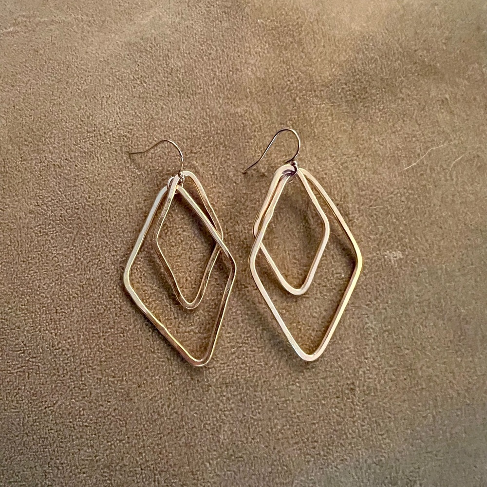 Gold plated double diamond earrings. 2” drop.